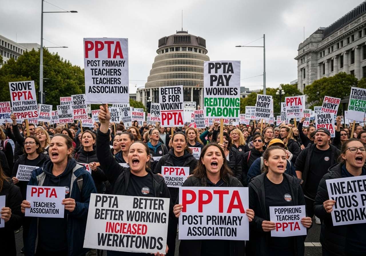 A gritty photo of empty classrooms during strikes.
